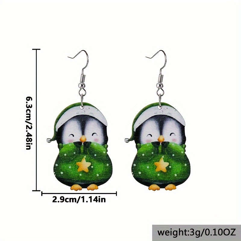 Green & Red Penguins Dangle Earrings Set Boho Style Wooden Jewelry
